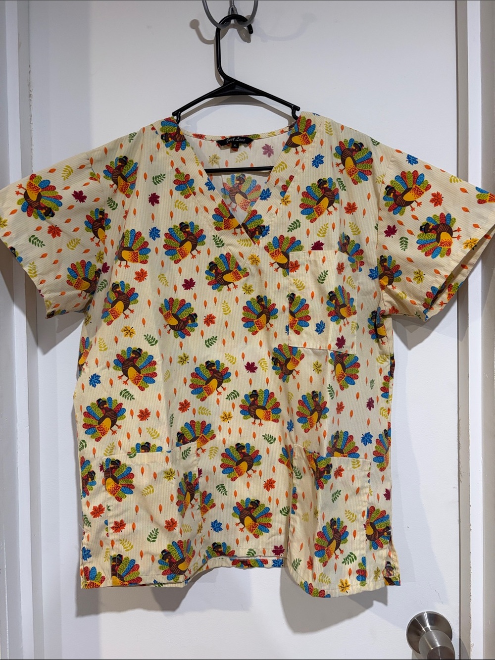 Just Love Cream Thanksgiving Turkey Print Scrub Top